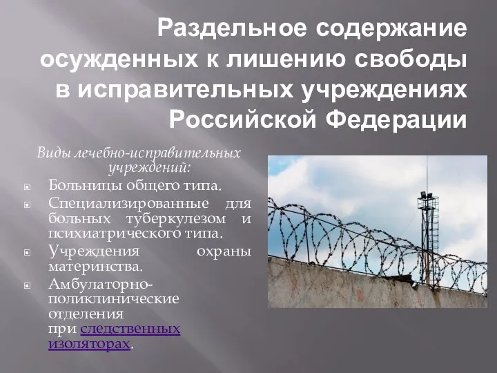 Раздельное содержание осужденных к лишению свободы в исправительных учреждениях Российской Федерации Виды