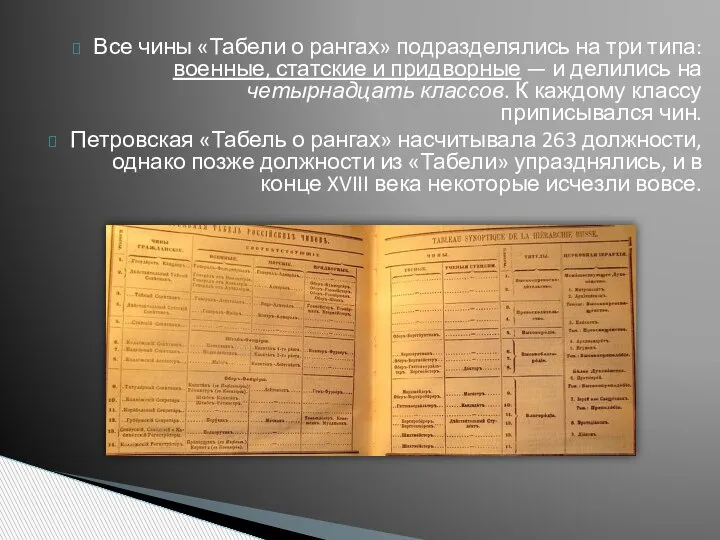 Все чины «Табели о рангах» подразделялись на три типа: военные, статские и