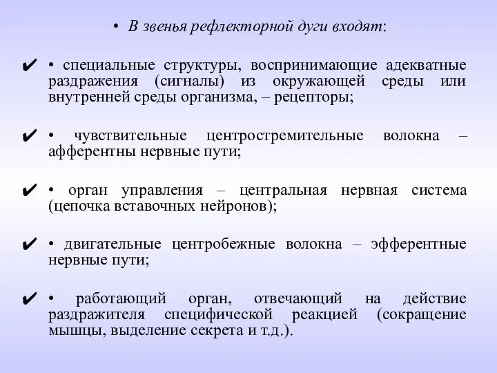 В звенья рефлекторной дуги входят: • специальные структуры, воспринимающие адекватные раздражения (сигналы)