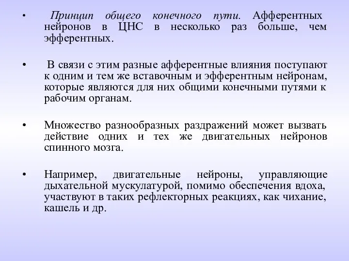 Принцип общего конечного пути. Афферентных нейронов в ЦНС в несколько раз больше,