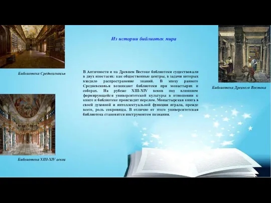 Из истории библиотек мира В Античности и на Древнем Востоке библиотеки существовали
