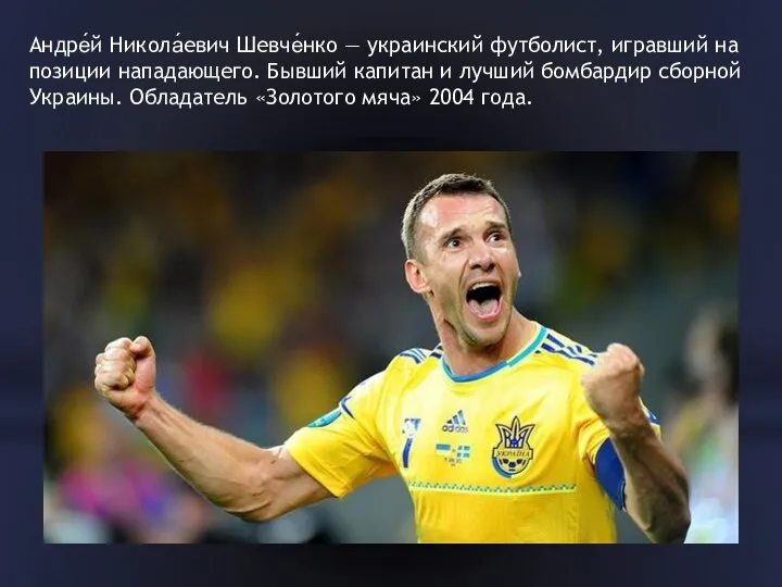 Андре́й Никола́евич Шевче́нко — украинский футболист, игравший на позиции нападающего. Бывший капитан