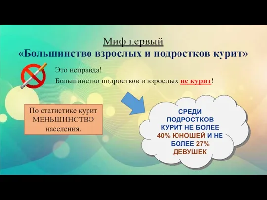 Миф первый «Большинство взрослых и подростков курит» Это неправда! Большинство подростков и