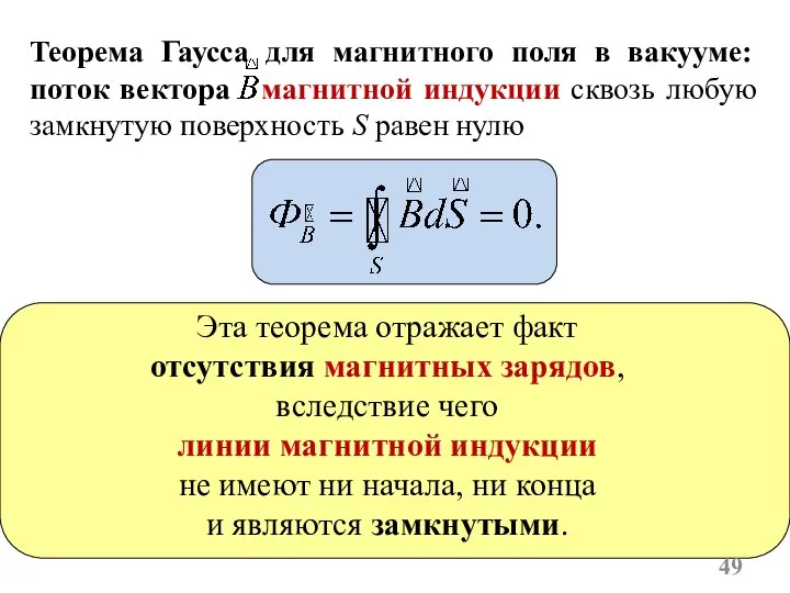 Теорема Гаусса для магнитного поля в вакууме: поток вектора магнитной индукции сквозь