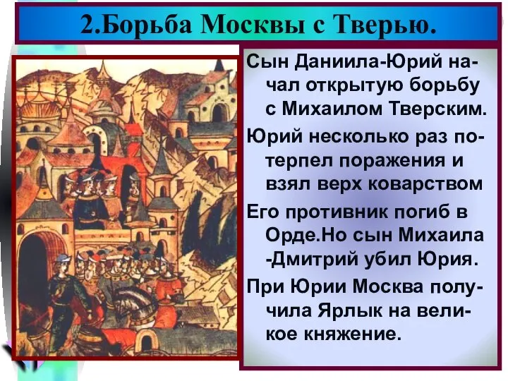 Сын Даниила-Юрий на-чал открытую борьбу с Михаилом Тверским. Юрий несколько раз по-терпел