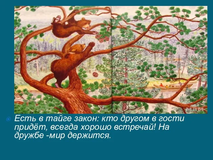 Есть в тайге закон: кто другом в гости придёт, всегда хорошо встречай! На дружбе -мир держится.