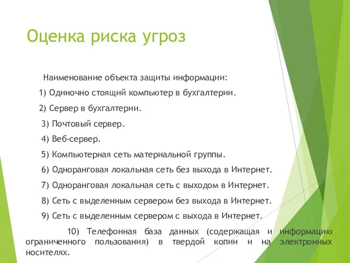 Оценка риска угроз Наименование объекта защиты информации: 1) Одиночно стоящий компьютер в