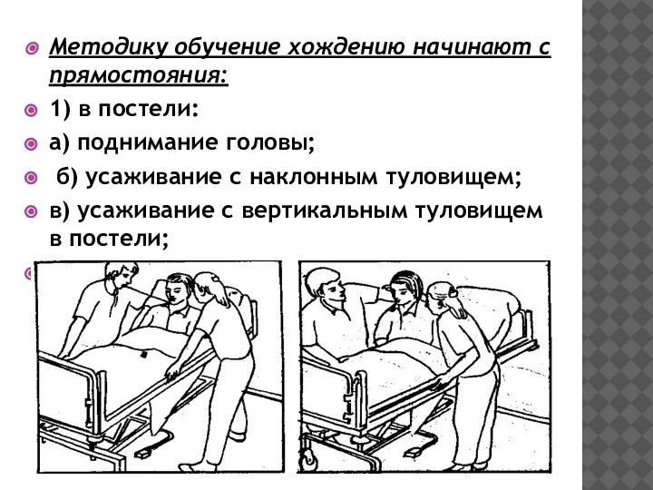 Методику обучение хождению начинают с прямостояния: 1) в постели: а) поднимание головы;