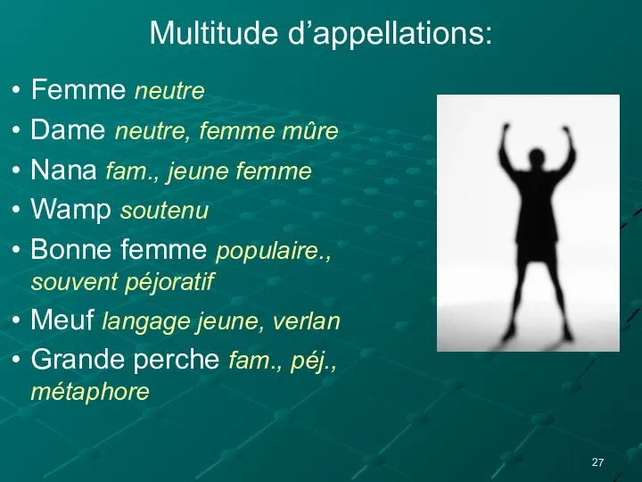 Multitude d’appellations: Femme neutre Dame neutre, femme mûre Nana fam., jeune femme