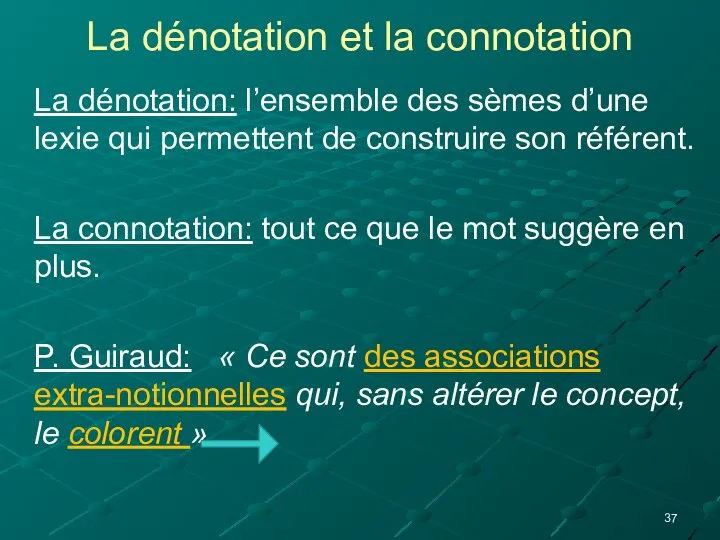 La dénotation et la connotation La dénotation: l’ensemble des sèmes d’une lexie