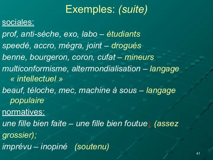 Exemples: (suite) sociales: prof, anti-sèche, exo, labo – étudiants speedé, accro, mégra,