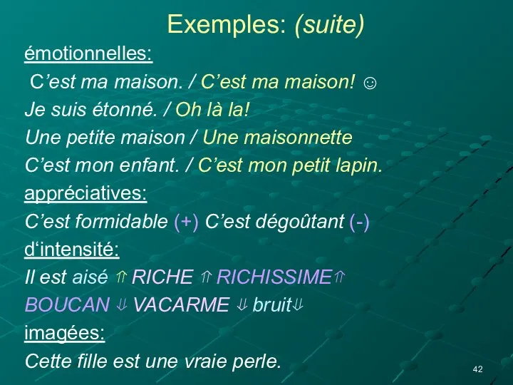 Exemples: (suite) émotionnelles: C’est ma maison. / C’est ma maison! ☺ Je