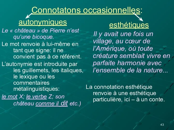 Connotatons occasionnelles: autonymiques Le « château » de Pierre n’est qu’une bicoque.