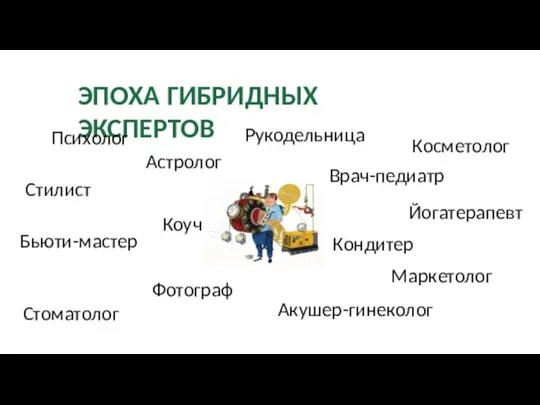 ЭПОХА ГИБРИДНЫХ ЭКСПЕРТОВ Психолог Косметолог Маркетолог Акушер-гинеколог Стилист Врач-педиатр Бьюти-мастер Йогатерапевт Кондитер