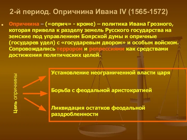 2-й период. Опричнина Ивана IV (1565-1572) Опричнина – («оприч» - кроме) –