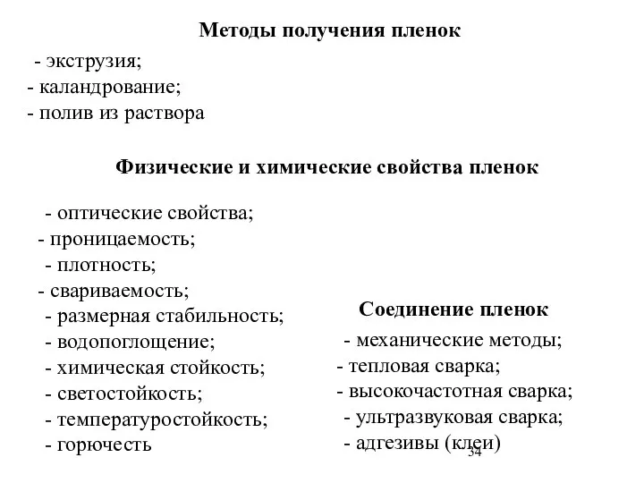 Методы получения пленок - экструзия; каландрование; полив из раствора Физические и химические