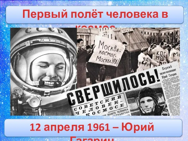 Первый полёт человека в космос 12 апреля 1961 – Юрий Гагарин