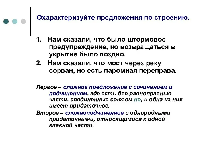 Охарактеризуйте предложения по строению. 1. Нам сказали, что было штормовое предупреждение, но