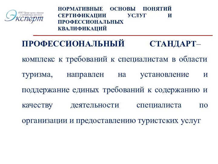 ПРОФЕССИОНАЛЬНЫЙ СТАНДАРТ– комплекс к требований к специалистам в области туризма, направлен на