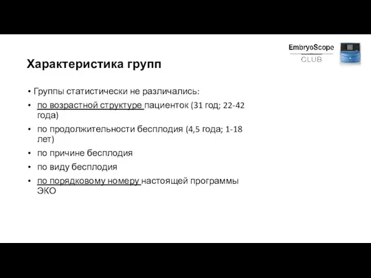 Характеристика групп Группы статистически не различались: по возрастной структуре пациенток (31 год;