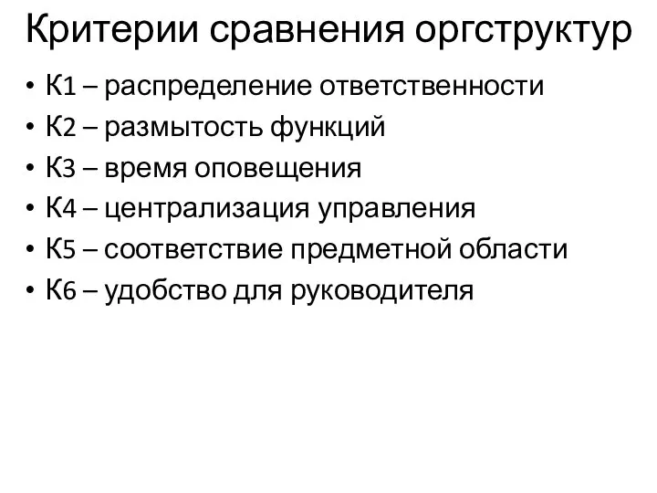 Критерии сравнения оргструктур К1 – распределение ответственности К2 – размытость функций К3