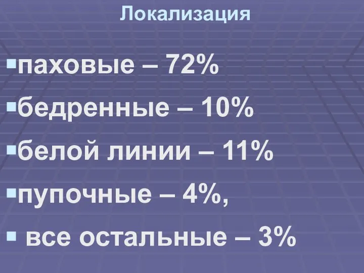 Локализация паховые – 72% бедренные – 10% белой линии – 11% пупочные