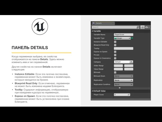 ПАНЕЛЬ DETAILS Когда переменная выбрана, ее свойства отображаются на панели Details. Здесь