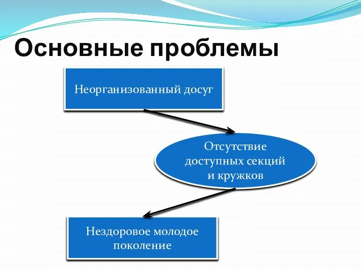 Основные проблемы Неорганизованный досуг Отсутствие доступных секций и кружков Нездоровое молодое поколение