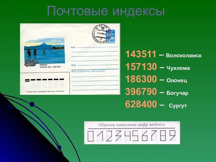 Почтовые индексы 143511 – Волоколамск 157130 – Чухлома 186300 – Олонец 396790