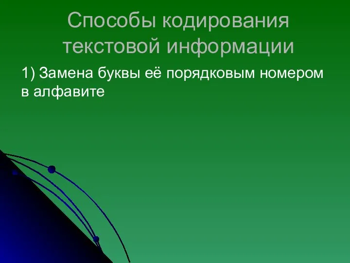 Способы кодирования текстовой информации 1) Замена буквы её порядковым номером в алфавите