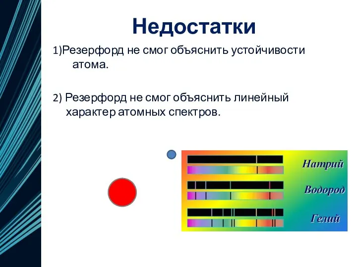 Недостатки 1)Резерфорд не смог объяснить устойчивости атома. 2) Резерфорд не смог объяснить линейный характер атомных спектров.