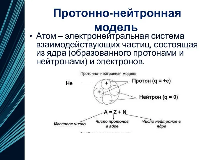 Протонно-нейтронная модель Атом – электронейтральная система взаимодействующих частиц, состоящая из ядра (образованного