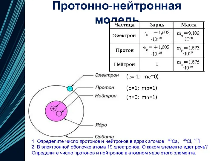 Протонно-нейтронная модель 1. Определите число протонов и нейтронов в ядрах атомов 40Ca,