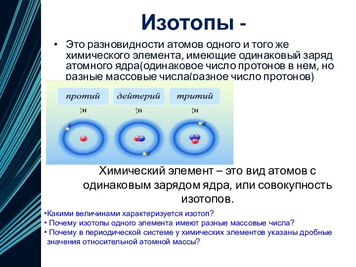 Изотопы - Это разновидности атомов одного и того же химического элемента, имеющие