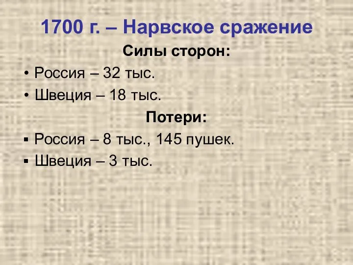 1700 г. – Нарвское сражение Силы сторон: Россия – 32 тыс. Швеция