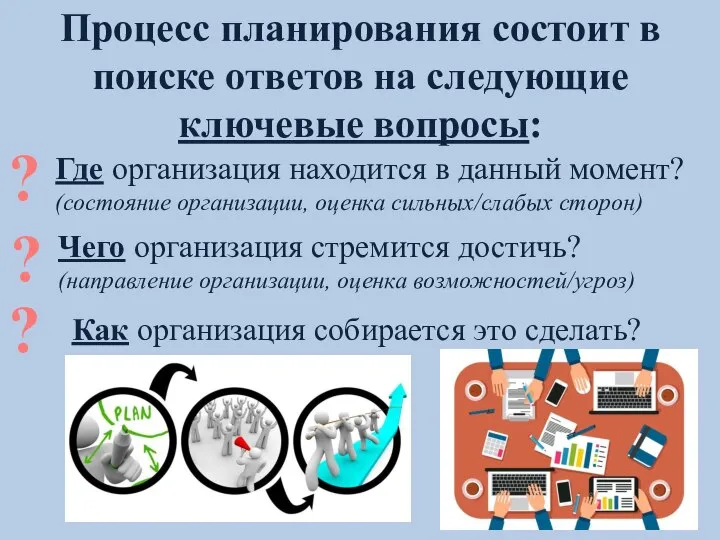 Процесс планирования состоит в поиске ответов на следующие ключевые вопросы: ? Где