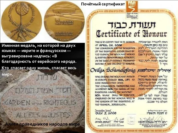 Почётный сертификат Именная медаль, на которой на двух языках — иврите и