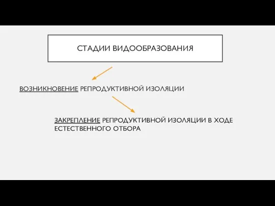 СТАДИИ ВИДООБРАЗОВАНИЯ ВОЗНИКНОВЕНИЕ РЕПРОДУКТИВНОЙ ИЗОЛЯЦИИ ЗАКРЕПЛЕНИЕ РЕПРОДУКТИВНОЙ ИЗОЛЯЦИИ В ХОДЕ ЕСТЕСТВЕННОГО ОТБОРА