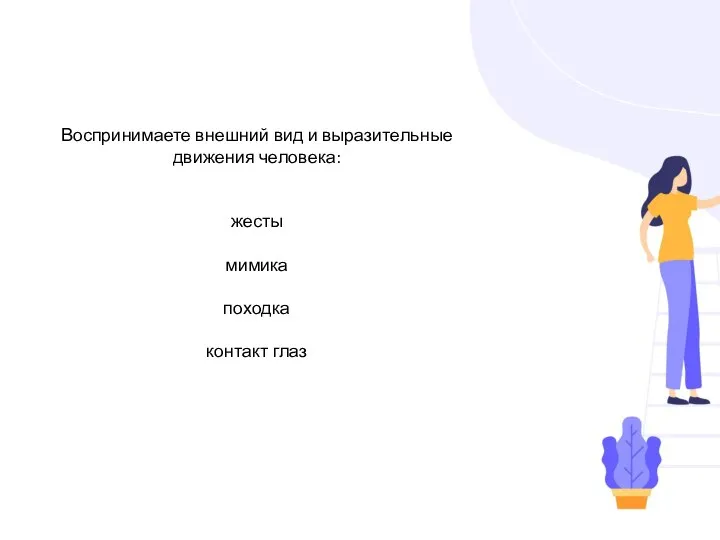 Воспринимаете внешний вид и выразительные движения человека: жесты мимика походка контакт глаз