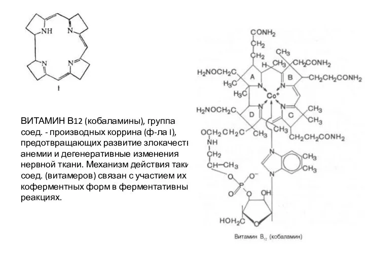 ВИТАМИН В12 (кобаламины), группа соед. - производных коррина (ф-ла I), предотвращающих развитие