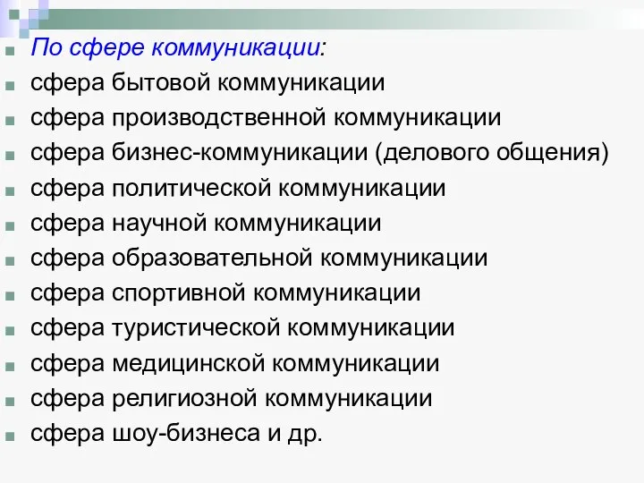 По сфере коммуникации: сфера бытовой коммуникации сфера производственной коммуникации сфера бизнес-коммуникации (делового