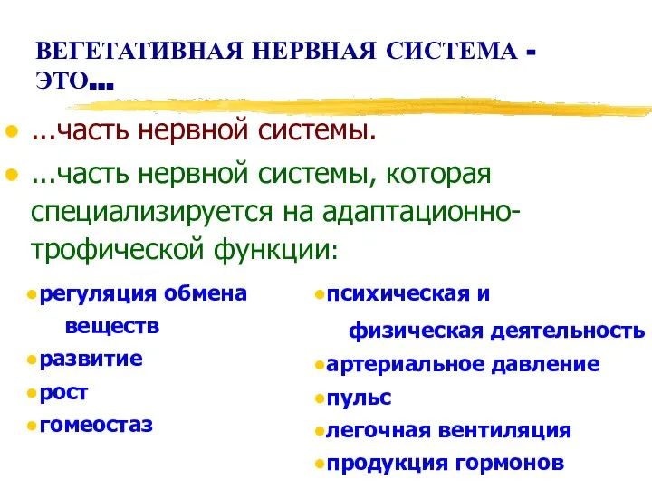 ВЕГЕТАТИВНАЯ НЕРВНАЯ СИСТЕМА - ЭТО... ...часть нервной системы. ...часть нервной системы, которая