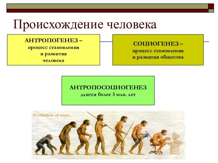 Происхождение человека АНТРОПОГЕНЕЗ – процесс становления и развития человека АНТРОПОСОЦИОГЕНЕЗ длится более