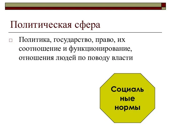 Политическая сфера Политика, государство, право, их соотношение и функционирование, отношения людей по поводу власти Социальные нормы