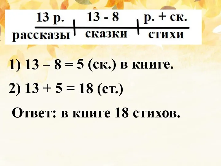 1) 13 – 8 = 5 (ск.) в книге. 2) 13 +