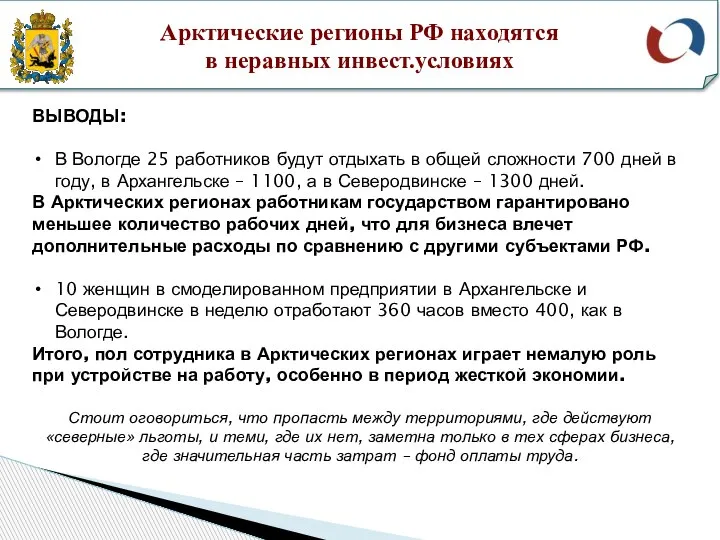 Арктические регионы РФ находятся в неравных инвест.условиях ВЫВОДЫ: В Вологде 25 работников