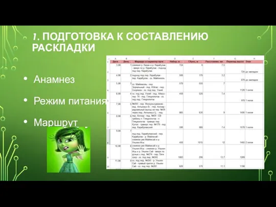 1. ПОДГОТОВКА К СОСТАВЛЕНИЮ РАСКЛАДКИ Анамнез Режим питания Маршрут