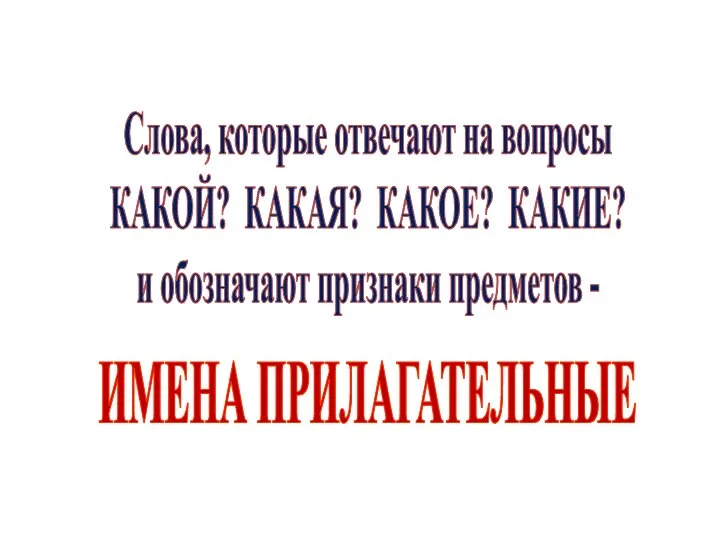 Слова, которые отвечают на вопросы КАКОЙ? КАКАЯ? КАКОЕ? КАКИЕ? и обозначают признаки предметов - ИМЕНА ПРИЛАГАТЕЛЬНЫЕ