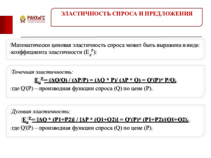 Математически ценовая эластичность спроса может быть выражена в виде коэффициента эластичности (EdР):