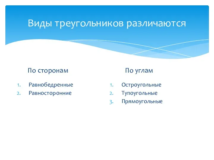 Виды треугольников различаются По сторонам Равнобедренные Равносторонние По углам Остроугольные Тупоугольные Прямоугольные